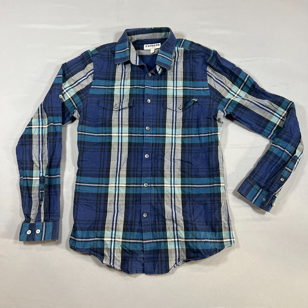Express Flannel Shirt Mens Small Blue White Plaid Extra Slim Back Yoke Button Up